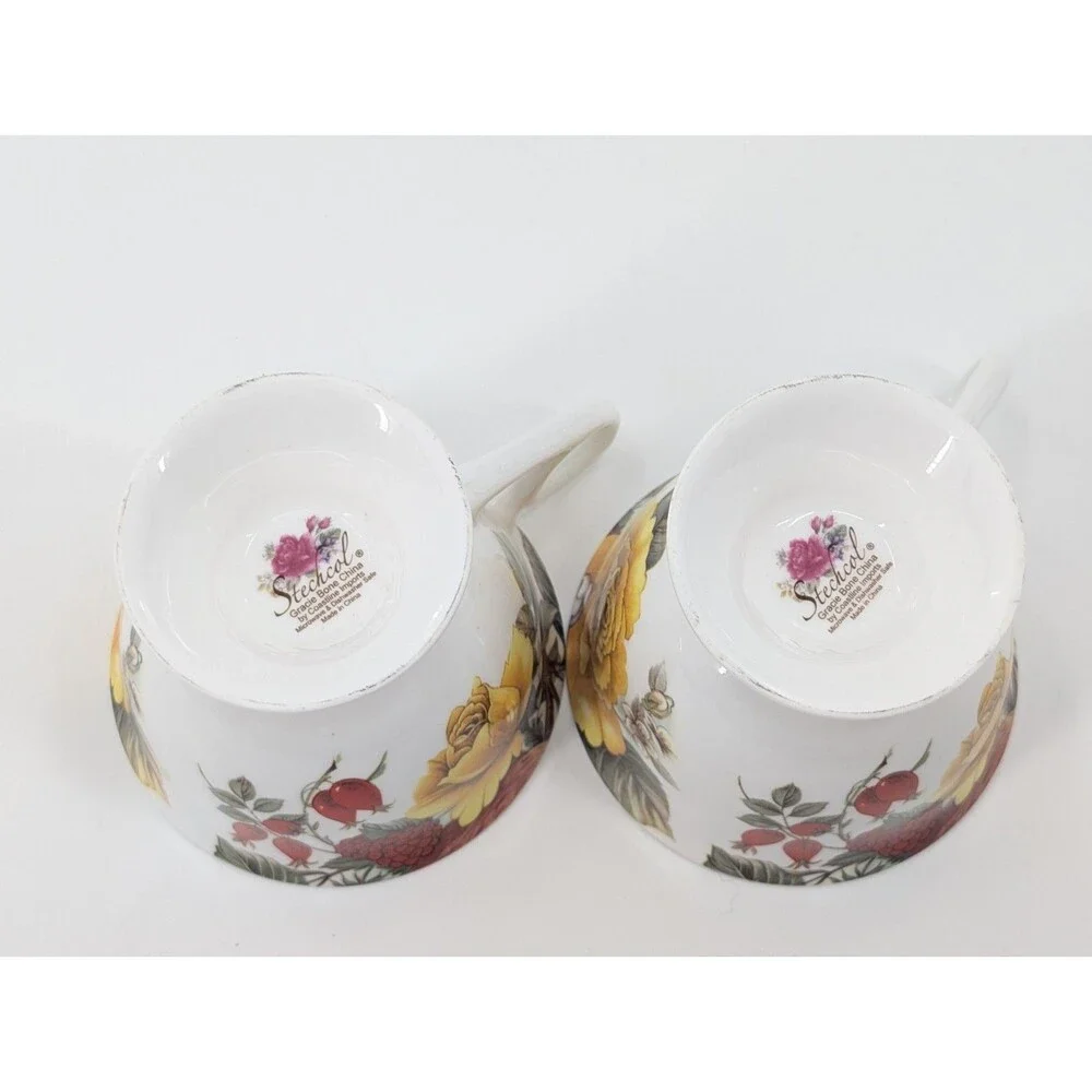 Stechcol Gracie Bone China Vintage White Floral Berries Roses Teacups Set of 2